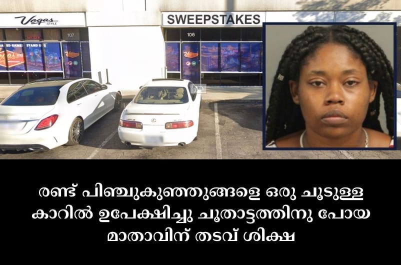 രണ്ട് പിഞ്ചുകുഞ്ഞുങ്ങളെ ഒരു ചൂടുള്ള കാറിൽ ഉപേക്ഷിച്ചു ചൂതാട്ടത്തിനു പോയ മാതാവിന് തടവ് ശിക്ഷ