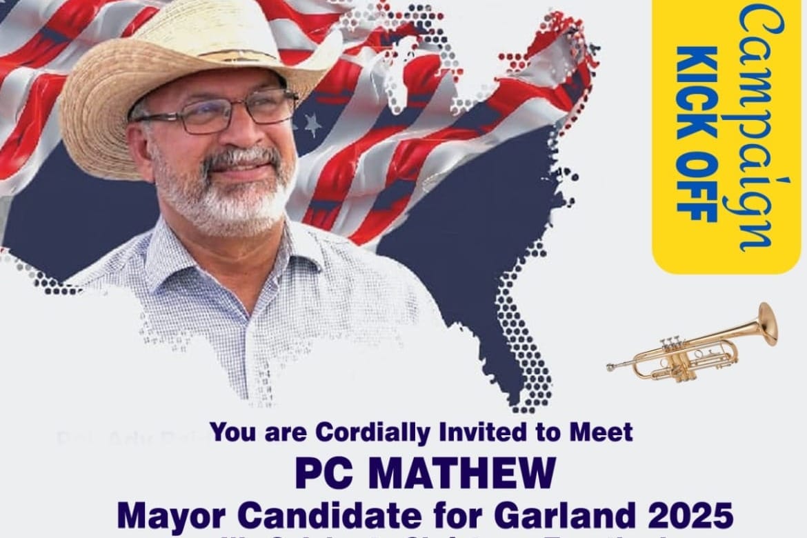 ഗാർലാൻഡ് മേയർ സ്ഥാനാർഥി പി. സി. മാത്യു ഓൺലൈൻ ക്യാമ്പയിൻ കിക്ക്‌ ഓഫ് പാസ്റ്റർ ഷാജി കെ. ഡാനിയേൽ നിർവഹിച്ചു