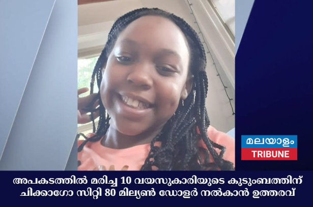 അപകടത്തിൽ മരിച്ച 10 വയസുകാരിയുടെ  കുടുംബത്തിന് ചിക്കാഗോ സിറ്റി 80 മില്യൺ ഡോളർ നൽകാൻ ഉത്തരവ്