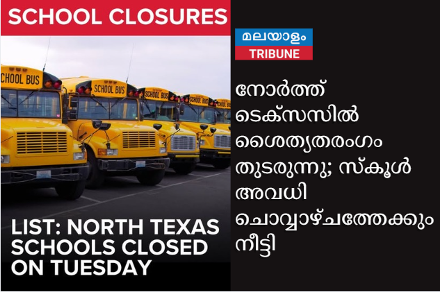നോർത്ത് ടെക്സസിൽ ശൈത്യതരംഗം തുടരുന്നു; സ്കൂൾ അവധി ചൊവ്വാഴ്ചത്തേക്കും നീട്ടി